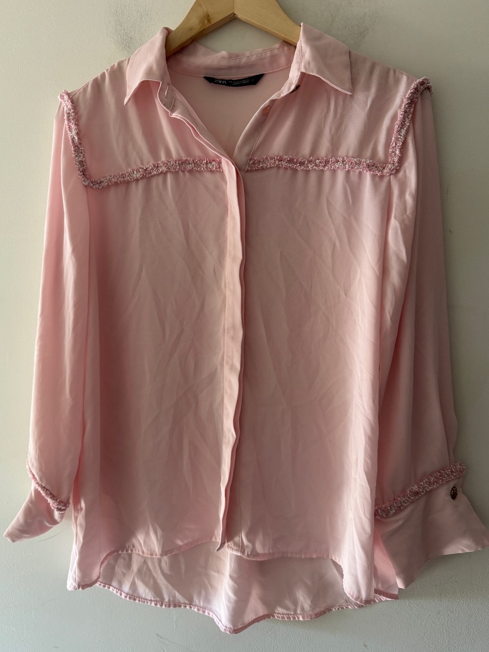 Zara Pink Fringe Long Sleeve Button Down Top